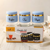 TM0079 3-Piece Glass Coffee, Tea & Sugar Canister Set – Powder Blue & Gold