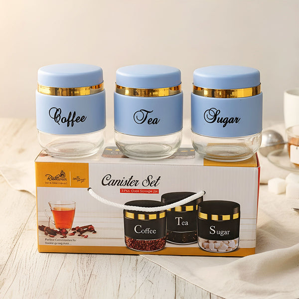 TM0079 3-Piece Glass Coffee, Tea & Sugar Canister Set – Powder Blue & Gold