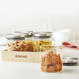 AM5171 Borosil Classic Jars With Wooden Tray - 4Pcs (600 ml Each)