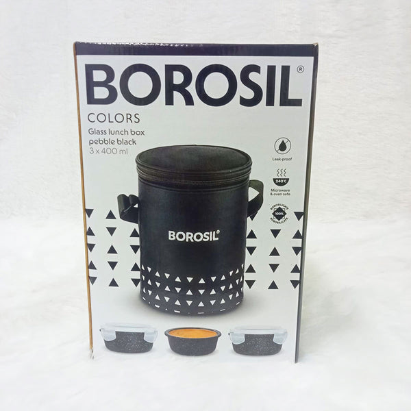 AM6187 Borosil Kube Black Glass Lunch Box, Round x 3 (Tall), Set of 3, 400ml