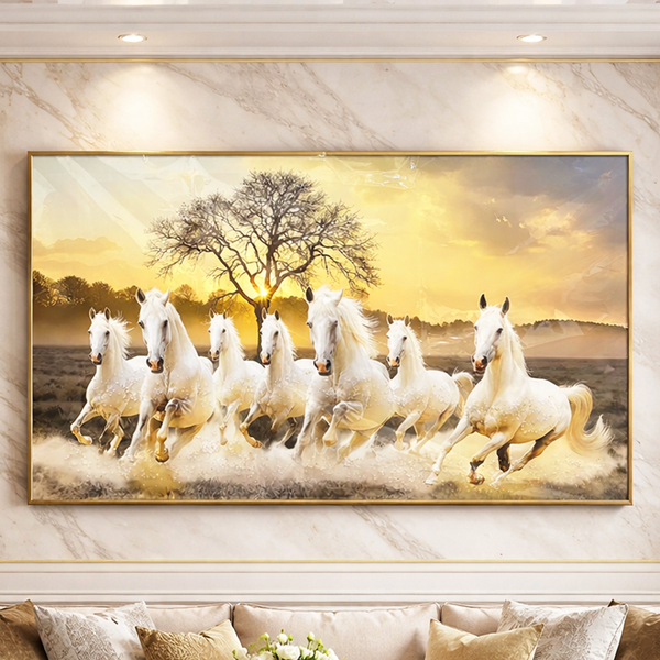 TM0192 MixDesign 7 Running White Horses Vastu Wall Art with Golden Frame 47x31 Inch