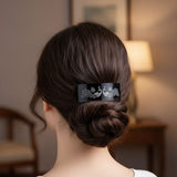 AM6389 Mix-Design Black Barrette with Engraved Dual Peacock Design