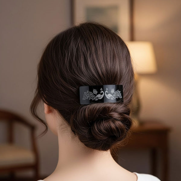 AM6389 Mix-Design Black Barrette with Engraved Dual Peacock Design