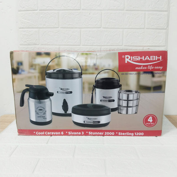 Di0191 Rishabh Big Multipurpose Thermo-Steel 4-Piece Set - Insulated Water Jug, Casserole, Tea Pot, and Lunch Box