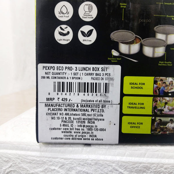 AM3493 Pexpo Eco Pro-3 Lunch Box Set 3 Container, 1 Spoon, Elegant Bag