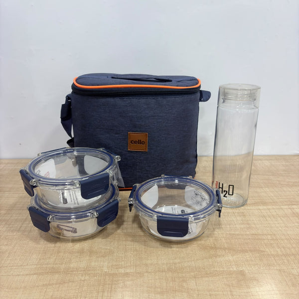 A08204 Cello Fit & Fresh - Neo Glassware Round Container + H2O Bottle Lunch Box Set (Set of 4 Pcs)