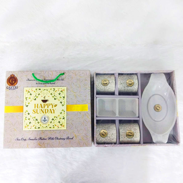 Di0253 Happy Sunday 6-Piece Tea Cup & Snacks Platter Set with Chutney Bowl – Gift Pack