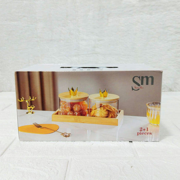 AM6272 SM 2pc Glass Jars with Crown Lids & Serving Tray Set