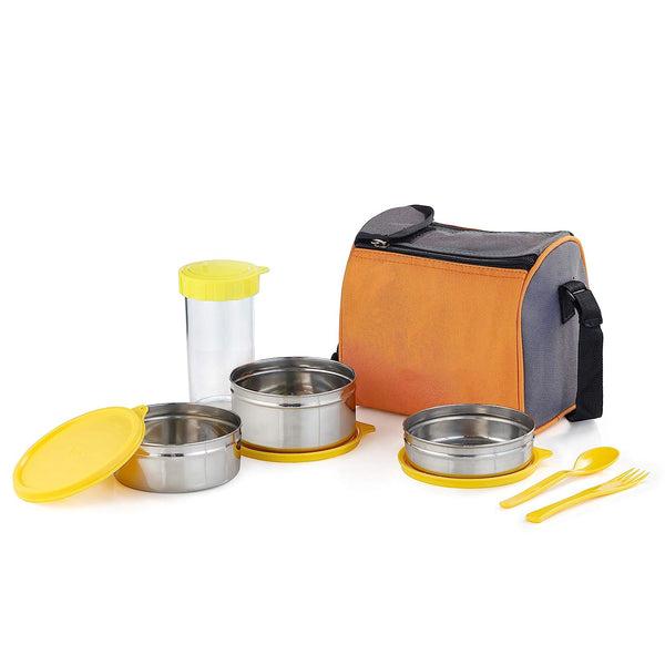 3174 Stainless Steel Jumbo Smart Lunch Box 500 ml 1 Nos Container 230 ml 2 Nos Sparkle Buddy 350 ml 1 Nos Spoon & Fork Sparkle