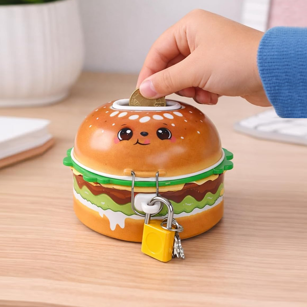 TM0153 Cute Cartoon Burger Shape Metal Piggy Bank with Lock & Key