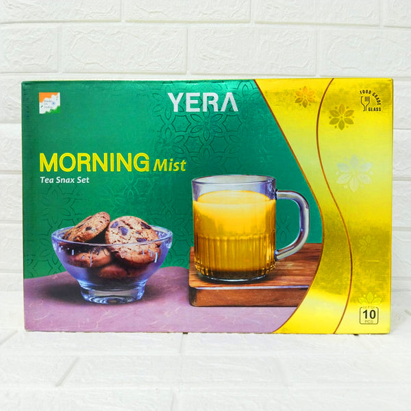 Di0203 YERA Morning Mist Glass Tea Snax Set - 10 Piece Combo (6 Mugs & 4 Bowls)