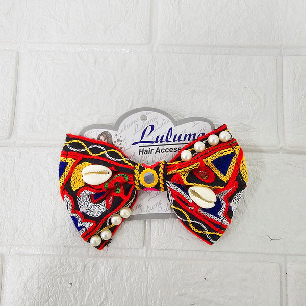 Di0040 Navratri MIx Design Embroidered Bow Hair Clip with Mirror Work & Hanging Shell Beads