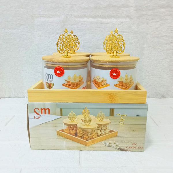 AM3723 Glass Container Jar Bowl With Wooden Deer Lids And Tray 4+1Pcs