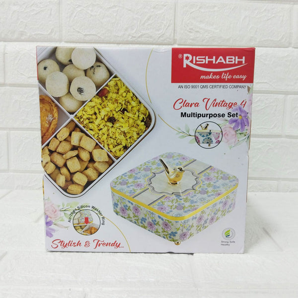 Di0156 Rishabh Clara Vintage 4 Multipurpose Storage Set | Premium Floral Dry Fruit Box with Golden Bird Handle