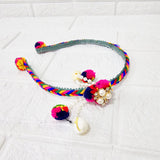 Di0042 Navratri MIx Design Colorful Braided Hairband with Cowrie Shells & Pom-Pom Ends