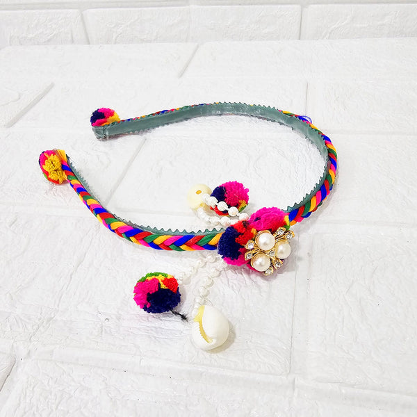 Di0042 Navratri MIx Design Colorful Braided Hairband with Cowrie Shells & Pom-Pom Ends