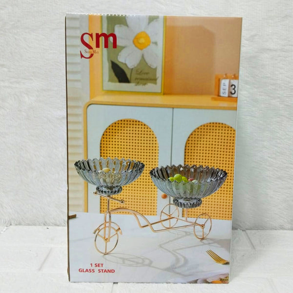 AM6273 Elegant Twin Glass Bowl with Golden Tricycle Stand – Decorative Serving Set