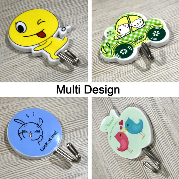 AM5215 Plastic Printed Fancy Self Adhesive Printed Waterproof Adhesive Strong Wall Hook, Multicolour (Multi Design & Color) 3 Pcs