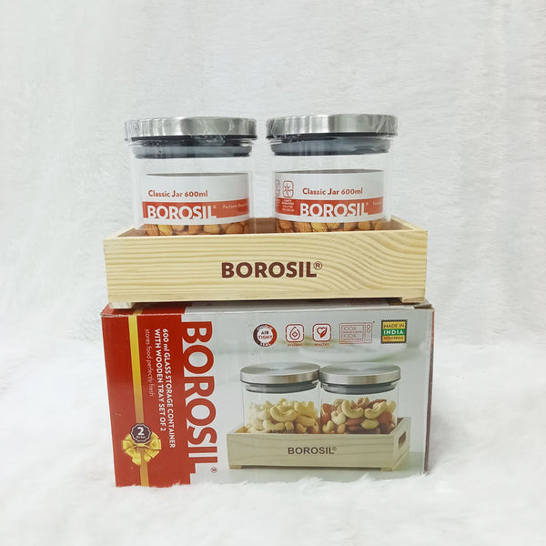 AM6162 Borosil Classic Jars With Wooden Tray - 2Pcs (600 ml Each)