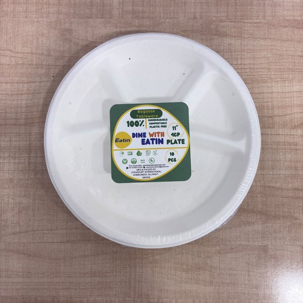A08200 Eatin 11 Inch 4-Compartment Disposable Bagasse Meal Plates (Pack of 10)