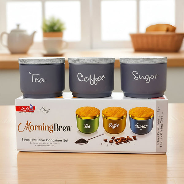 TM0080 Morning Brew 3-Piece Matte Grey Tea, Coffee, and Sugar Container Set