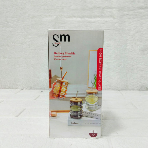 AM6279 Stylish High Borosilicate Glass Honey Jar with Wooden Dipper and Lid (550 ml) – 1 Pc