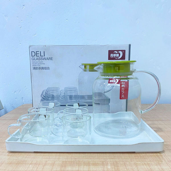 AM5991 Classic Transparent Glass Water Jug with 4 Cups & Tray – Elegant Drinkware Set
