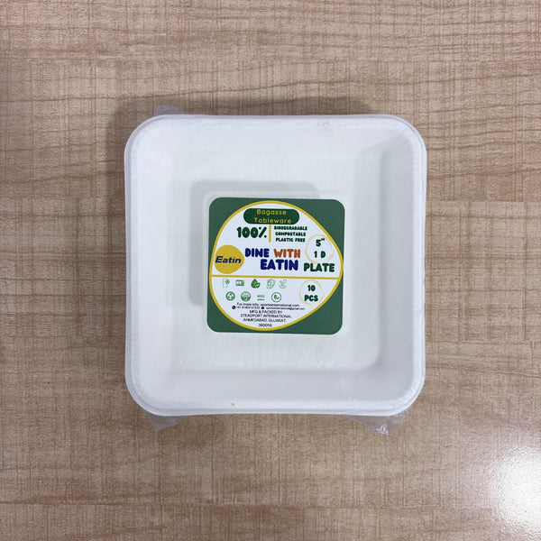 A08202 Eatin 100% Biodegradable & Compostable Bagasse Tableware 5-Inch Square Plates (Pack of 10)