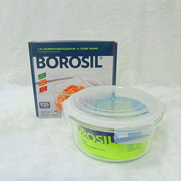 AM6198 Borosil Klip N Store Round Glass Container - 1.5 Ltr with Air Tight Lid