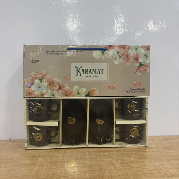 A07840 KARAMAT 4 Pcs Tea/Coffee Cups with 2 Pcs Serving Platters Gift Set (6-Piece Set)