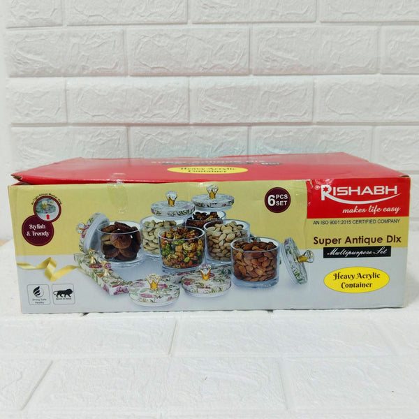 Di0167 Rishabh Super Antique Deluxe Multipurpose 6-Piece Container Set with Tray – Heavy Acrylic Jars with Floral Design & Diamond Knob Lids