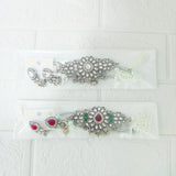 Di0145 Traditional Kundan Choker White Moti Necklace Set with Earrings – Red & Green Stone Design