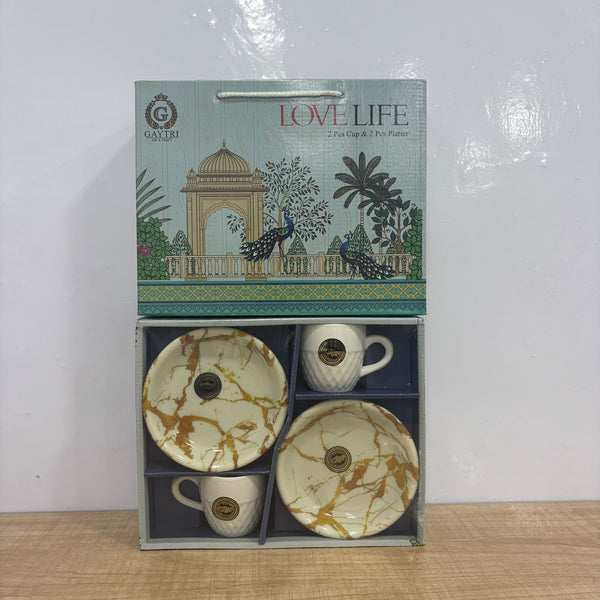 A07841 LOVE LIFE 4-Piece Marble Pattern Ceramic Tea Cup and Platter Set (2 Cups & 2 Platters)