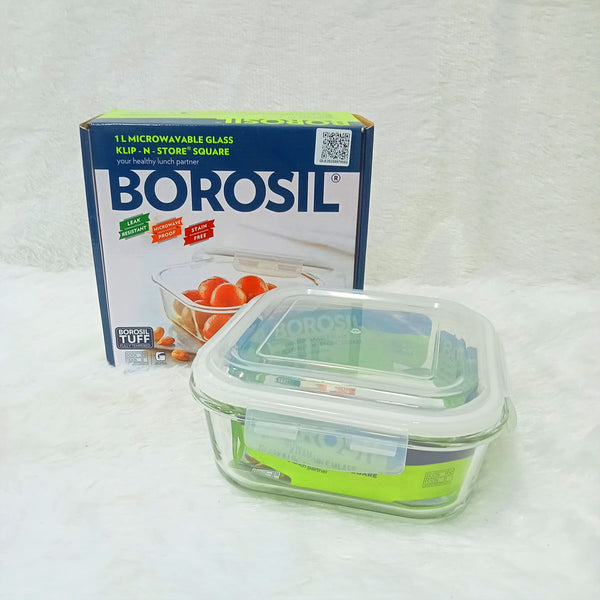AM6195 Borosil Klip N Store Square Glass Container - 1 Ltr with Air Tight Lid