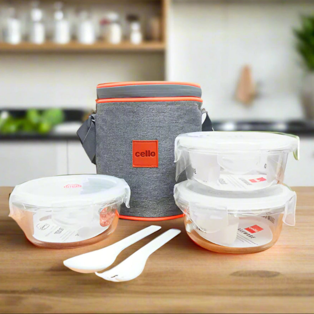 Round Lunchboxes AM5449 Cello Royale Round Glass Lunch Box 400ml x 3 N with Vertical Ja ...