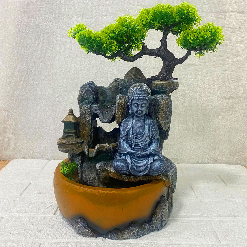 bonsai tree waterfall fountain AM6256 Meditating Buddha Tabletop Water Fountain with Bonsai Tree – Amd-Deodap