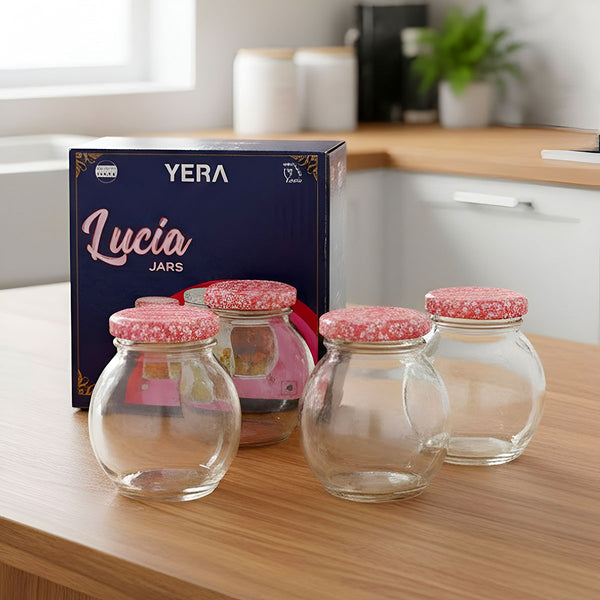 AM6519 YERA Lucia Jars - Round Glass Storage Jars with Floral Print Lids (Set of 4)