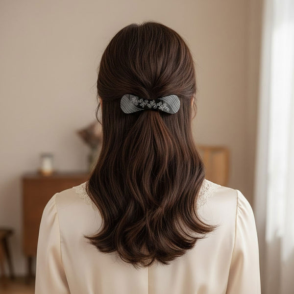 AM6388 Mix-Design Different Bow-Shaped Hair Clip/Barrette with White Floral and Stripe Etching