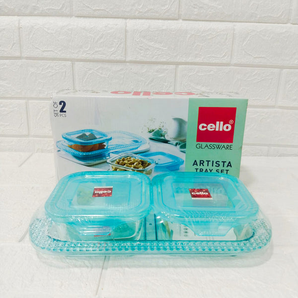 Di0245 Cello Glassware Artista 2 Square Container with Lid  & 1 Tray Set  - Set of 3 Pcs