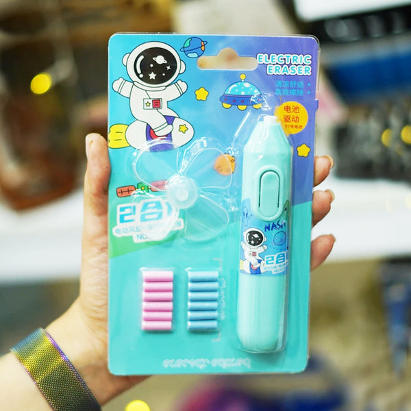 AM5907 Cartoon Print Electric Pencil Erasers with Fan and 12 Refills Set for Kids (Pack of 1)