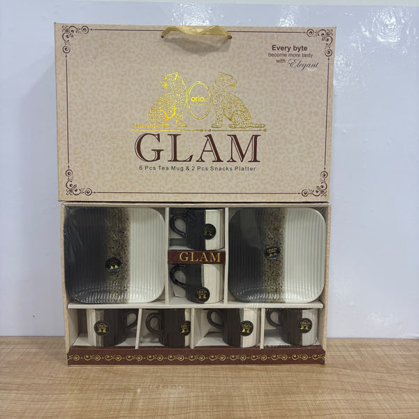 A07855 GLAM 8-Piece Tea Mug & Snack Platter Set (6 Mugs + 2 Platters)