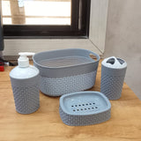 AM5748 JOYO Filo Bath Set - Oval Basket, Liquid Dispenser, Toothbrush Holder, Soap Dish, Brown, 4 pcs
