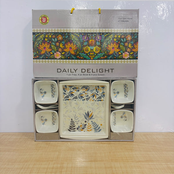 A07848 DAILY DELIGHT Melamine Printed Serving Set – 9 Pcs Tray, Bowls & Spoons Combo