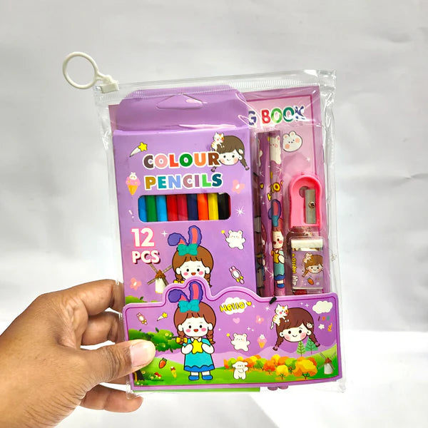 AM3845 5 in 1 Purple Drawing School Stationery Set