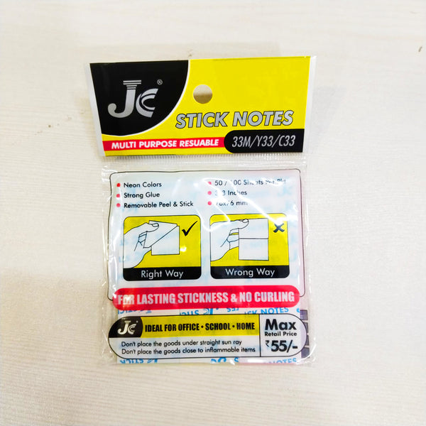 AM0433 JC  3" X 3" Multicolour Sticky Notes (Pack of 1, 100/50 Sheets per pad)