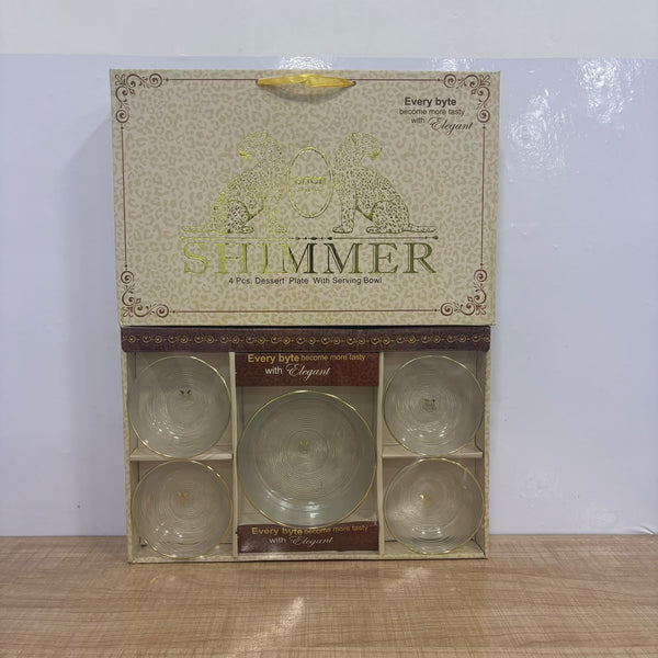 A07857 Shimmer Glassware 5-Piece Dessert Set (1 Large Serving Bowl & 4 Dessert Bowls/Plates with Gold Rim)
