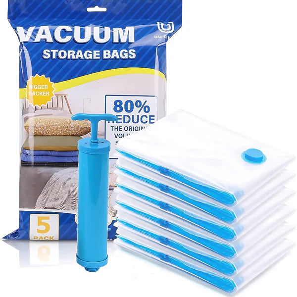 3634 Reusable Vacuum Storage Bags with Ziplock and Hand Pump (Pack of 5) 2 Small (50 cm x 60 cm), 2 Medium (60 cm x 80 cm), 1 Large (80 cm x 100 cm)