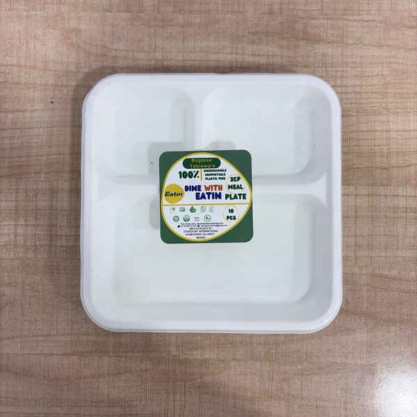 A08203 Eatin 100% Biodegradable & Compostable Bagasse 3 Compartment Meal Plate ( Pack of 10)