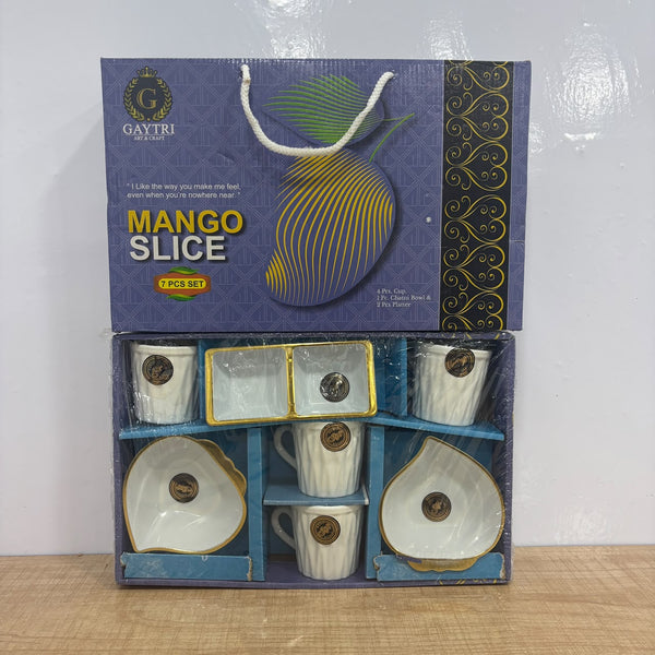 A07845 MANGO SLICE 7 Pcs Ceramic Tea Cup & Snack Platter Set with Chutney Bowl