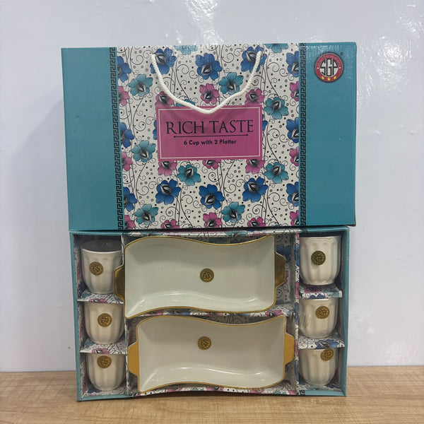 A07846 RICH TASTE 6-Piece Cup & 2-Piece Platter Ceramic Serving Set with Gift Packaging